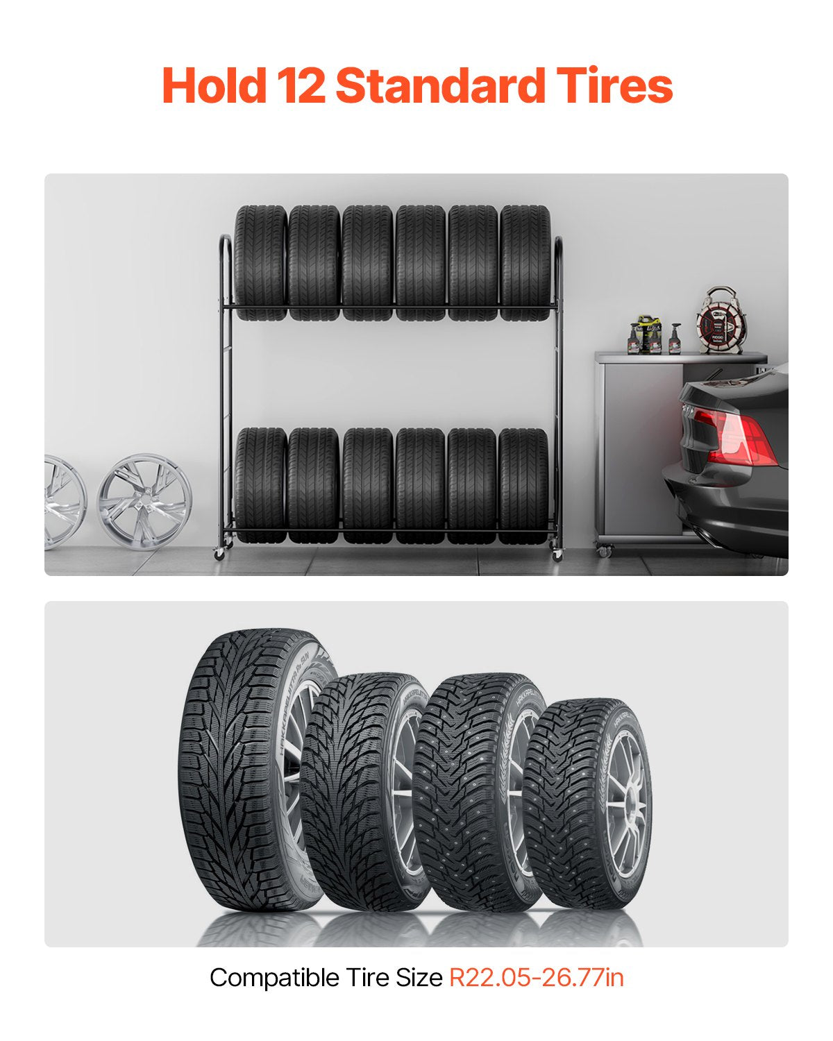 Rullande däckställ, däckhållare med 2 hyllor och transportvagn för garage, kraftig däckvagn i stål med hjul, justerbar höjd och skyddsöverdrag, rymmer upp till 12 standarddäck