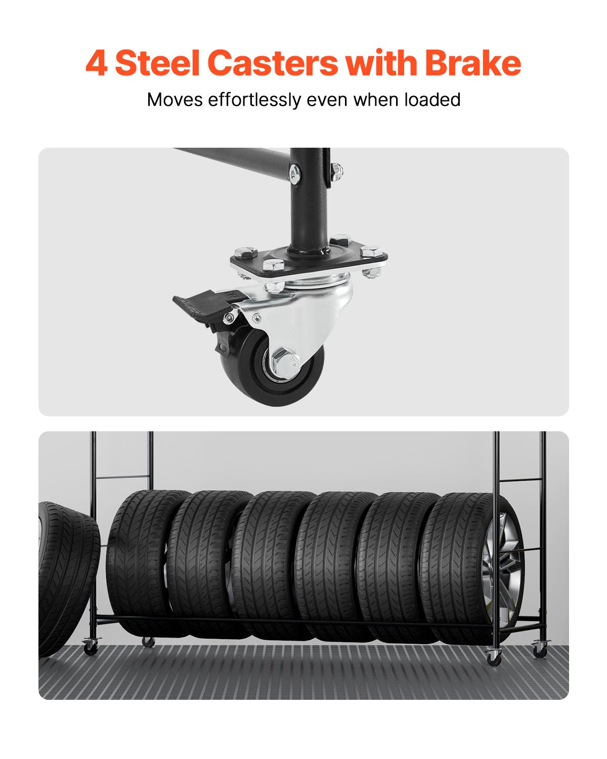 Rullande däckställ, däckhållare med 2 hyllor och transportvagn för garage, kraftig däckvagn i stål med hjul, justerbar höjd och skyddsöverdrag, rymmer upp till 12 standarddäck