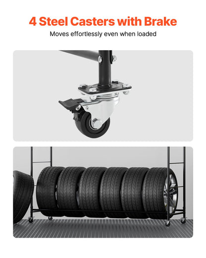 Rullande däckställ, däckhållare med 2 hyllor och transportvagn för garage, kraftig däckvagn i stål med hjul, justerbar höjd och skyddsöverdrag, rymmer upp till 12 standarddäck