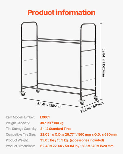 Rullande däckställ, däckhållare med 2 hyllor och transportvagn för garage, kraftig däckvagn i stål med hjul, justerbar höjd och skyddsöverdrag, rymmer upp till 12 standarddäck
