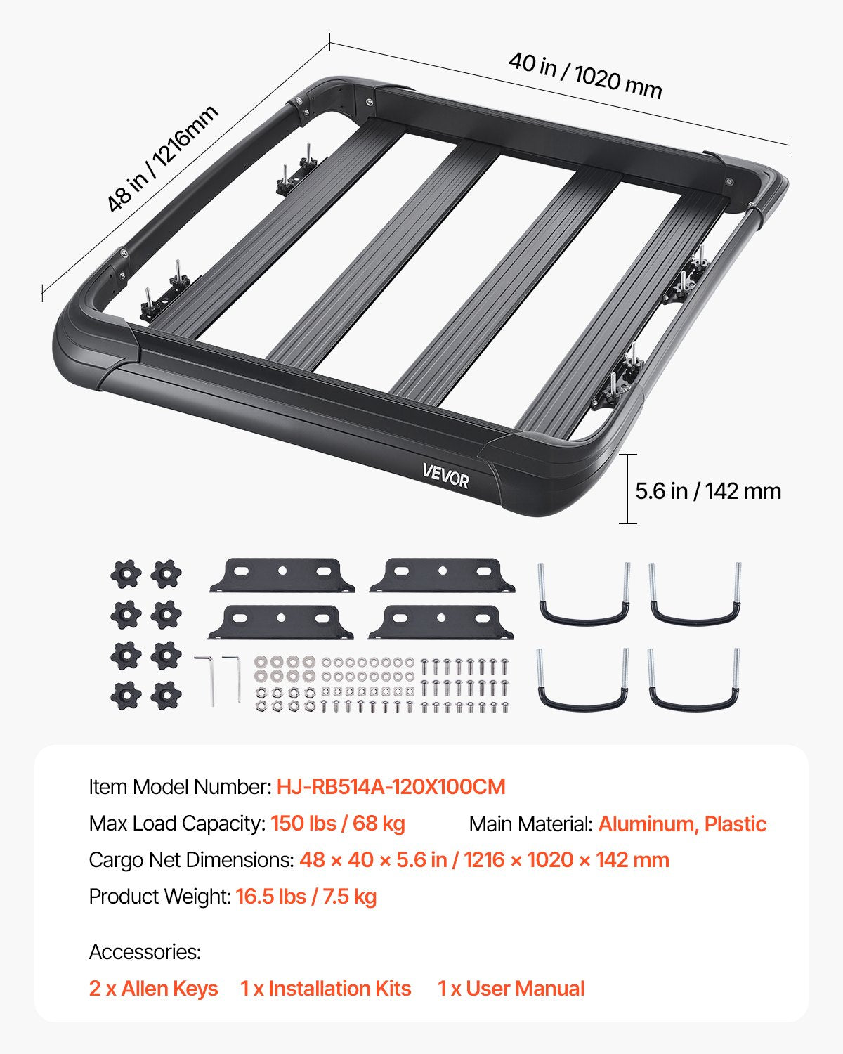 Takräcke, 122 x 102 x 143 cm, universal taklastkorg, bagagehållare för bilens tak med maxlastkapacitet på 67 kg, 11,5 cm staket, rostskyddat stållegering, vindskydd, för SUV-bil