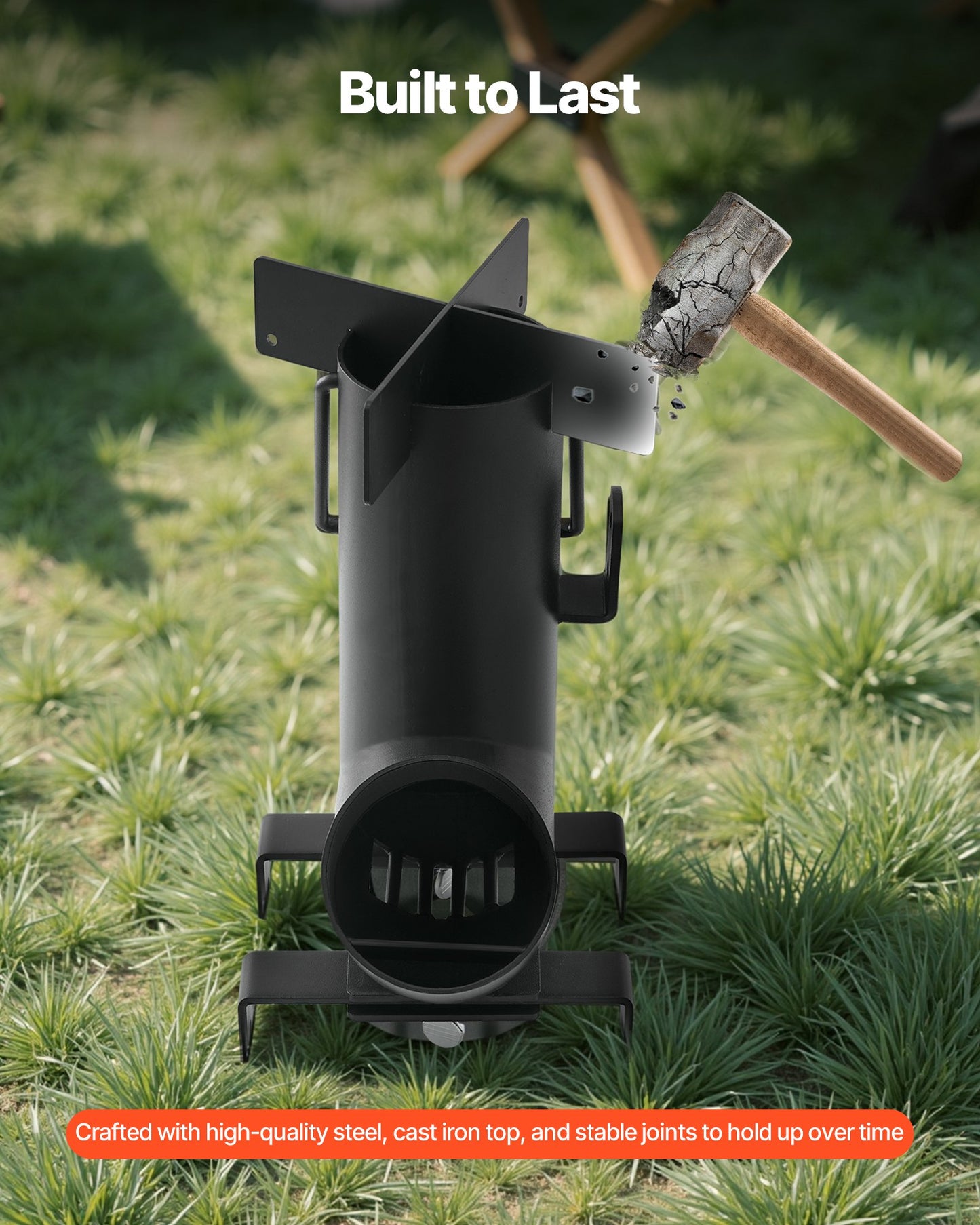 Campingraketkök, vedeldad bärbar raketkök med bärväska för vandring, kolstål, brinnande ved, kvistar eller pinnar för utomhusmatlagning, bakgård, campingmatlagning, uppvärmning, svart
