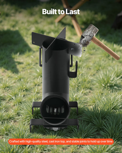 Campingraketkök, vedeldad bärbar raketkök med bärväska för vandring, kolstål, brinnande ved, kvistar eller pinnar för utomhusmatlagning, bakgård, campingmatlagning, uppvärmning, svart