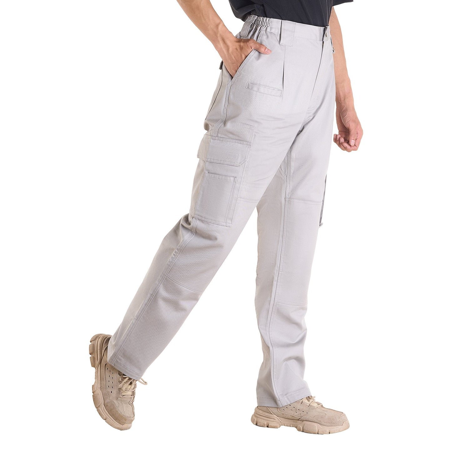 FR Pants for Men, 100% Cotton, Flame-Resistant Cargo Pants with Multi-Pockets and Elastic Waist, Reinforced Tear-proof Stitching, Ideal for Welding Work and Casual Wear, XL Size, Gray