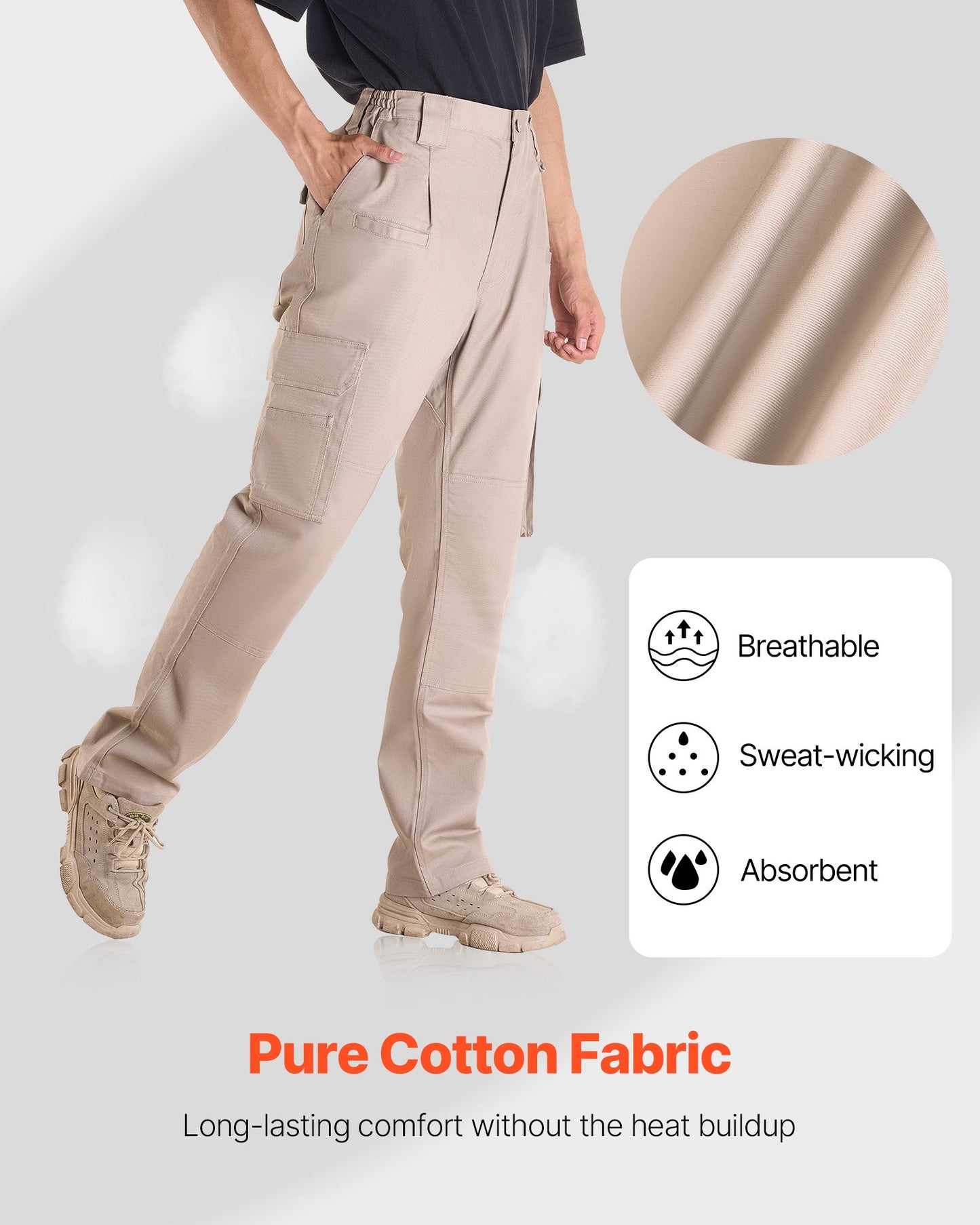 FR Pants for Men, 100% Cotton, Flame-Resistant Cargo Pants with Multi-Pockets and Elastic Waist, Reinforced Tear-proof Stitching, Ideal for Welding Work and Casual Wear, L Size, Khaki