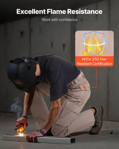 FR Pants for Men, 100% Cotton, Flame-Resistant Cargo Pants with Multi-Pockets and Elastic Waist, Reinforced Tear-proof Stitching, Ideal for Welding Work and Casual Wear, L Size, Khaki