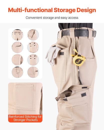 FR Pants for Men, 100% Cotton, Flame-Resistant Cargo Pants with Multi-Pockets and Elastic Waist, Reinforced Tear-proof Stitching, Ideal for Welding Work and Casual Wear, XXL Size, Khaki