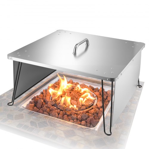 Fire Pit Heat Deflector, 645x645x370 mm Square Outdoor Burner Cover, Stainless Steel Bonfire Camping Wood Burning, Push Heat Down and Out with 4 Foldable Legs & Carrying Handle