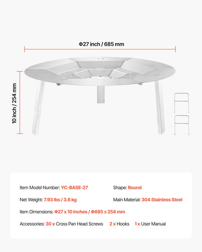 Fire Pit Heat Deflector for Solo Stove Yukon, 685.8 mm Bonfire Round for Wood Burning Fire Pit, 304 Stainless Steel Heat Diffuser, Detachable Burner Cover Camping Accessories