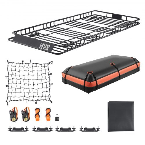 Roof Rack Basket, 84 x 39 x 4.1 in, Universal Rooftop Cargo Carrier with 7.9 x 3.9 x 10.2 in Cargo Bag, Net, Ratchet Straps, 250 lbs Max Load Capacity Car Top Luggage Holder, for SUV Truck Car