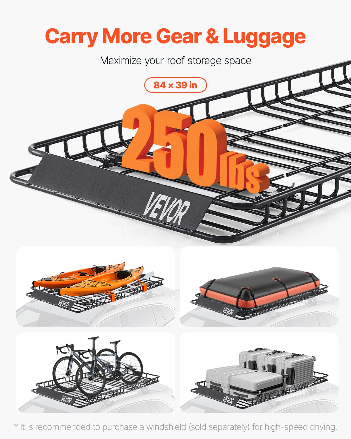 Roof Rack Basket, 84 x 39 x 4.1 in, Universal Rooftop Cargo Carrier with 7.9 x 3.9 x 10.2 in Cargo Bag, Net, Ratchet Straps, 250 lbs Max Load Capacity Car Top Luggage Holder, for SUV Truck Car