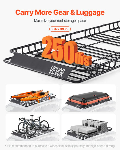 Roof Rack Basket, 84 x 39 x 4.1 in, Universal Rooftop Cargo Carrier with 7.9 x 3.9 x 10.2 in Cargo Bag, Net, Ratchet Straps, 250 lbs Max Load Capacity Car Top Luggage Holder, for SUV Truck Car