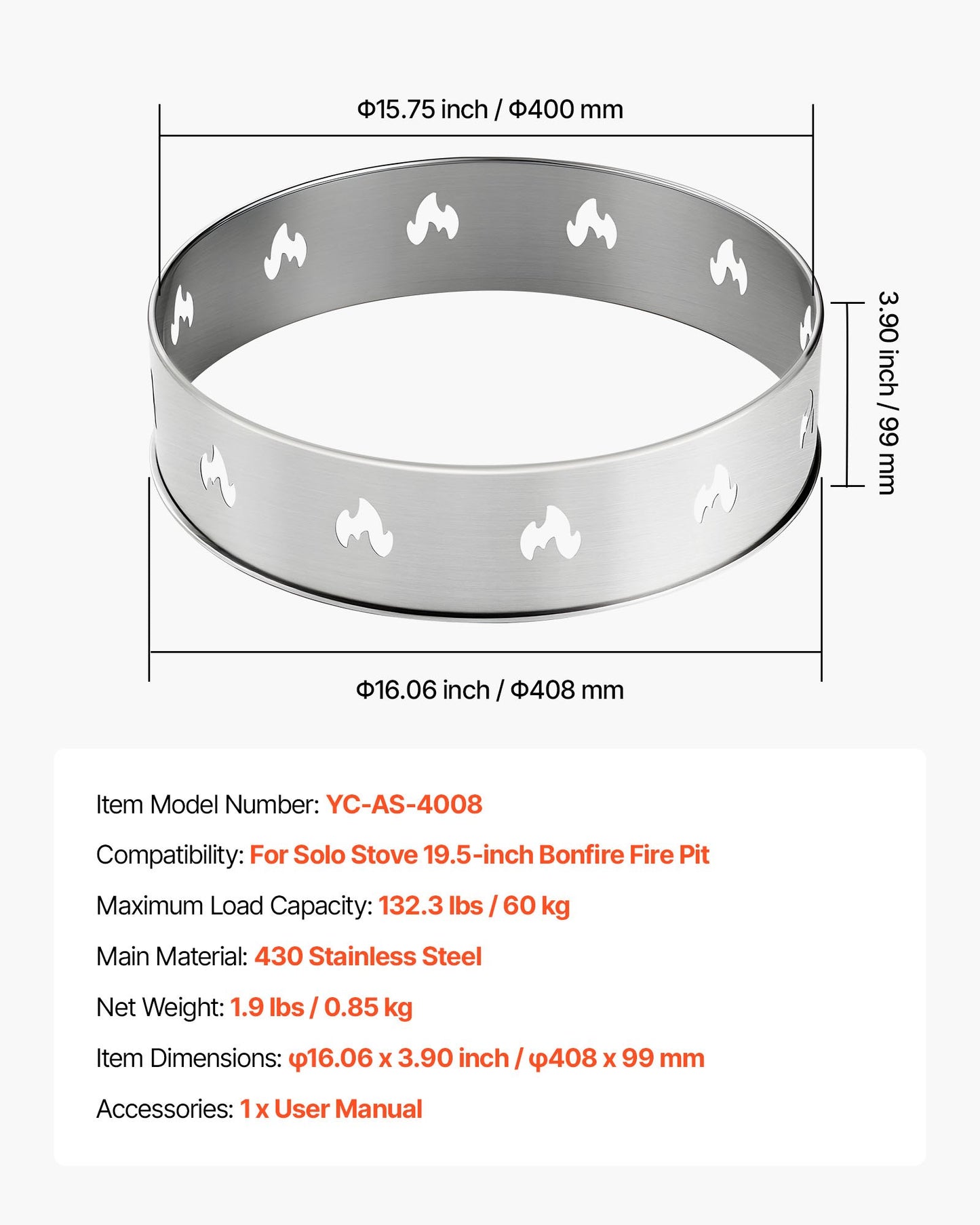 Fire Pit Stand for Solo Stove Bonfire, 49.5 cm Smokeless Fire Pit Ring, Stainless Steel Fireplace Stove Ranger Support Frame Accessory, Portable Outdoor Camping Holder Tools for Fireplace