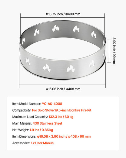 Fire Pit Stand for Solo Stove Bonfire, 49.5 cm Smokeless Fire Pit Ring, Stainless Steel Fireplace Stove Ranger Support Frame Accessory, Portable Outdoor Camping Holder Tools for Fireplace