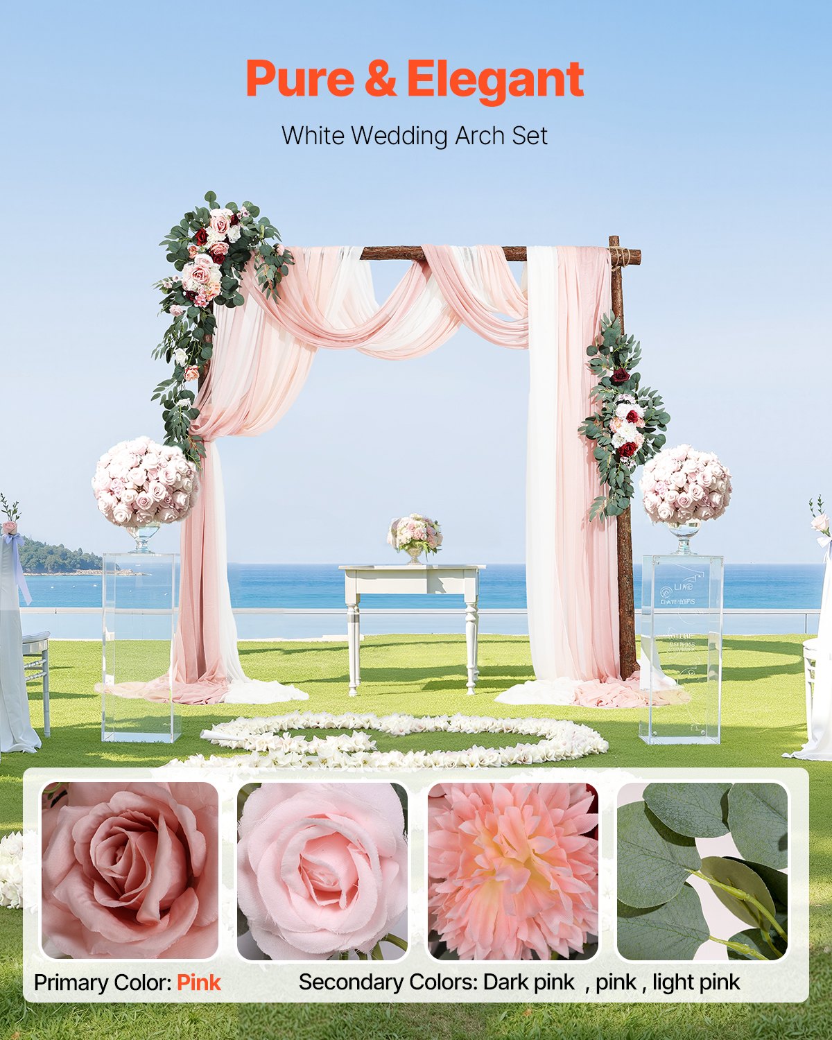 Artificial Wedding Arch Flowers Kit, Pink Wedding Arch Flowers with Drapes Kit (Pack of 5) - 2 Pcs Floral Arrangement, 3 Pcs Sheer Drapes, for Ceremony Bouquets Reception Backdrop Decoration