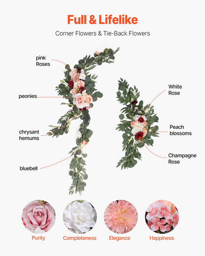 Artificial Wedding Arch Flowers Kit, Pink Wedding Arch Flowers with Drapes Kit (Pack of 5) - 2 Pcs Floral Arrangement, 3 Pcs Sheer Drapes, for Ceremony Bouquets Reception Backdrop Decoration