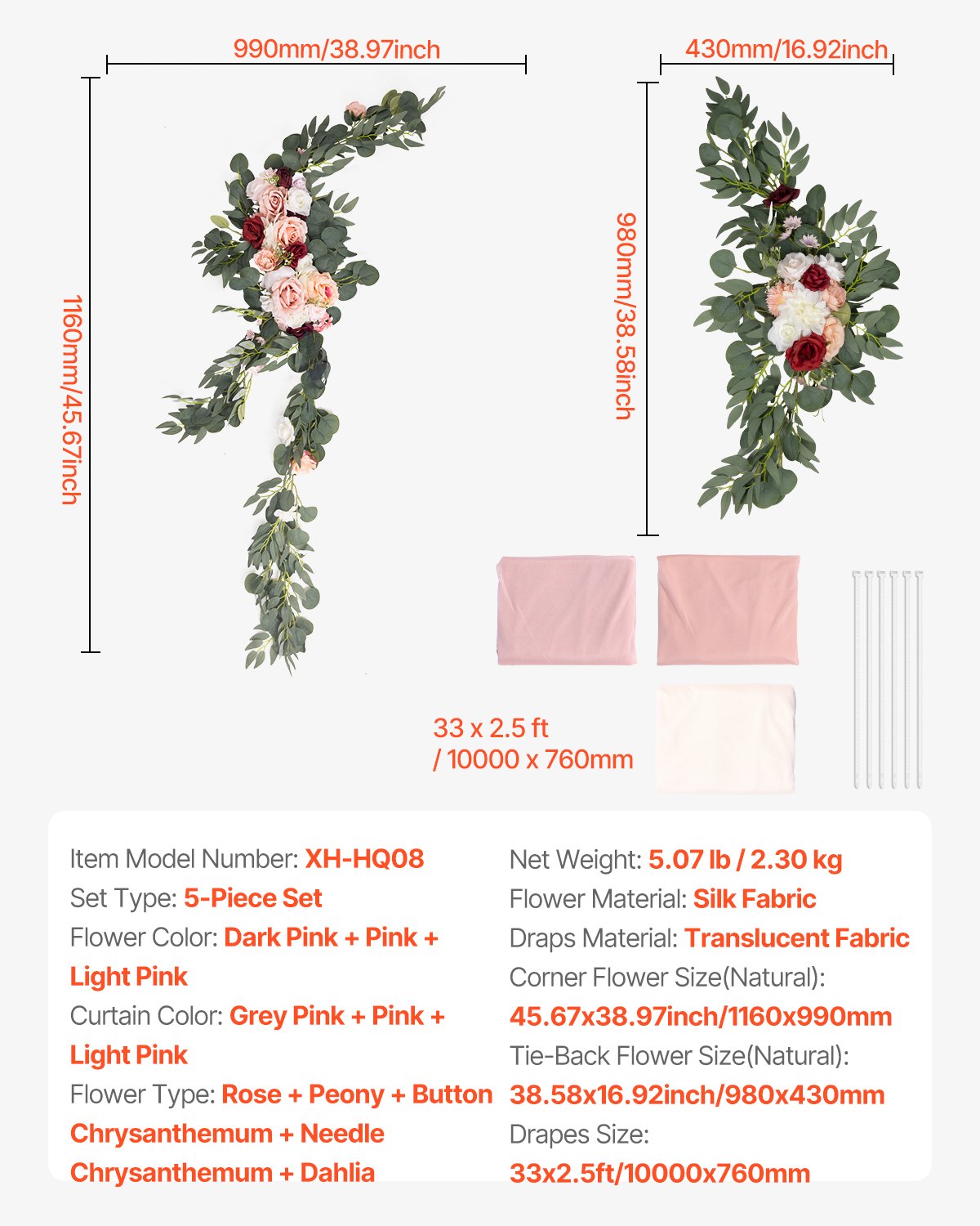 Artificial Wedding Arch Flowers Kit, Pink Wedding Arch Flowers with Drapes Kit (Pack of 5) - 2 Pcs Floral Arrangement, 3 Pcs Sheer Drapes, for Ceremony Bouquets Reception Backdrop Decoration