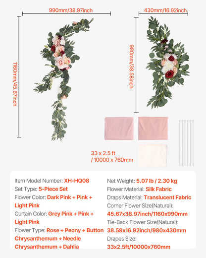 Artificial Wedding Arch Flowers Kit, Pink Wedding Arch Flowers with Drapes Kit (Pack of 5) - 2 Pcs Floral Arrangement, 3 Pcs Sheer Drapes, for Ceremony Bouquets Reception Backdrop Decoration