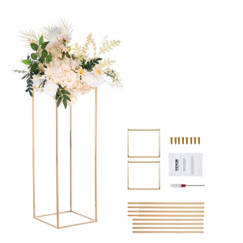 2PCS 31.5inch/80cm High Wedding Flower Stand, Metal Vase Column Geometric Centerpiece Stands, Gold Rectangular Floral Display Rack for T-Stage Events Reception, Party Decoration Home