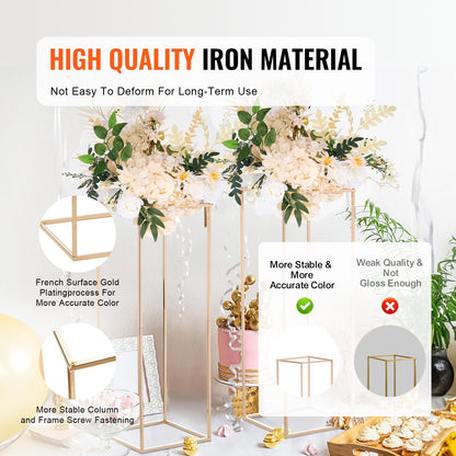 2PCS 31.5inch/80cm High Wedding Flower Stand, Metal Vase Column Geometric Centerpiece Stands, Gold Rectangular Floral Display Rack for T-Stage Events Reception, Party Decoration Home