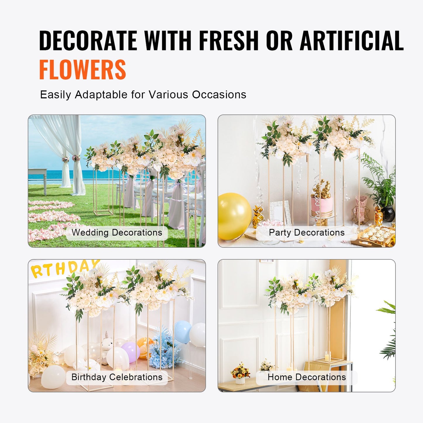 2PCS 31.5inch/80cm High Wedding Flower Stand, Metal Vase Column Geometric Centerpiece Stands, Gold Rectangular Floral Display Rack for T-Stage Events Reception, Party Decoration Home