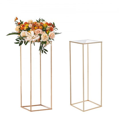2PCS 31.5inch/80cm High Wedding Flower Stand, With Acrylic Laminate,Metal Vase Column Geometric Centerpiece Stands, Gold Rectangular Floral Display Rack for Events Reception, Party Decoration