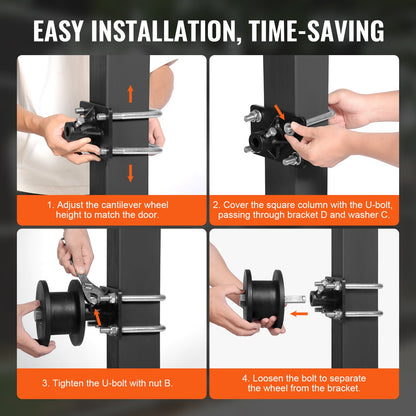 Skjutgrindssats, rullgrindssats med H-format hjulspår för skjutgrindar och rullportar med konsol, skjutgrindsrullar med 4 spårhjul, kraftig glidrulle, svart