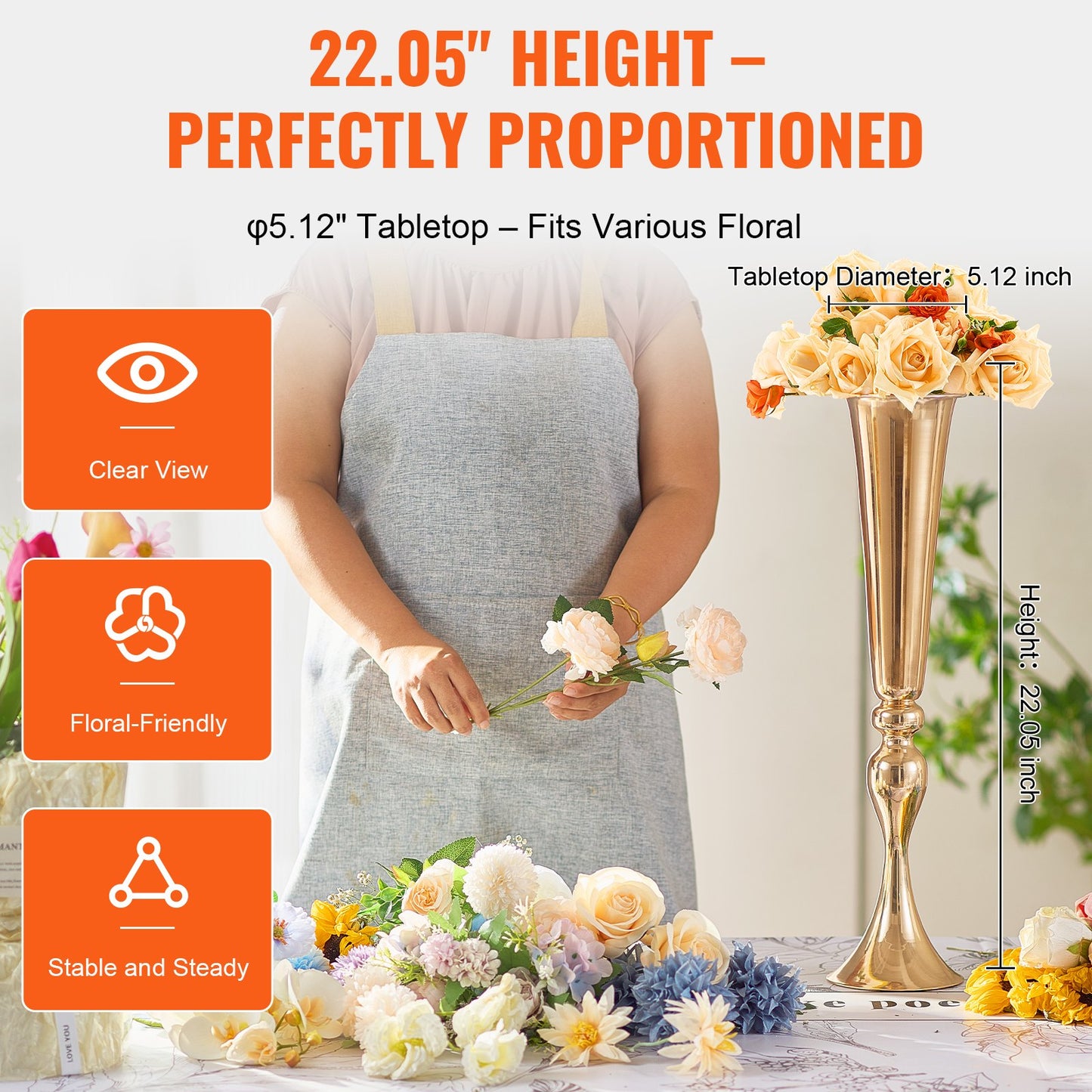 2PCS 56cm/22.05” Tall Wedding Flower Vase, Metal Wedding Trumpet Centerpiece, Gold Floral Stand Display Rack for Tables Wedding Dinner Party, Anniversary Ceremony Birthday Event Decor