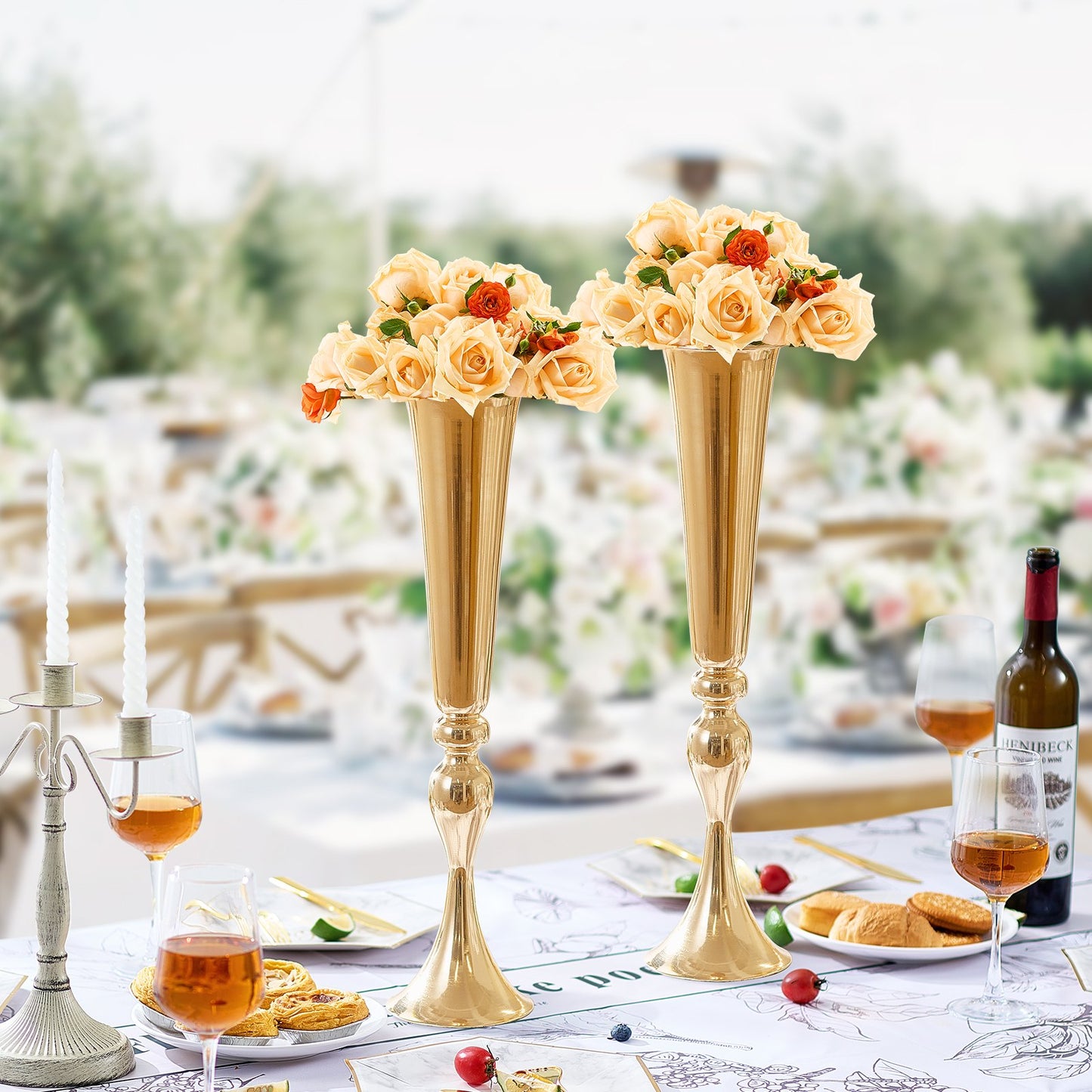 2PCS 56cm/22.05” Tall Wedding Flower Vase, Metal Wedding Trumpet Centerpiece, Gold Floral Stand Display Rack for Tables Wedding Dinner Party, Anniversary Ceremony Birthday Event Decor