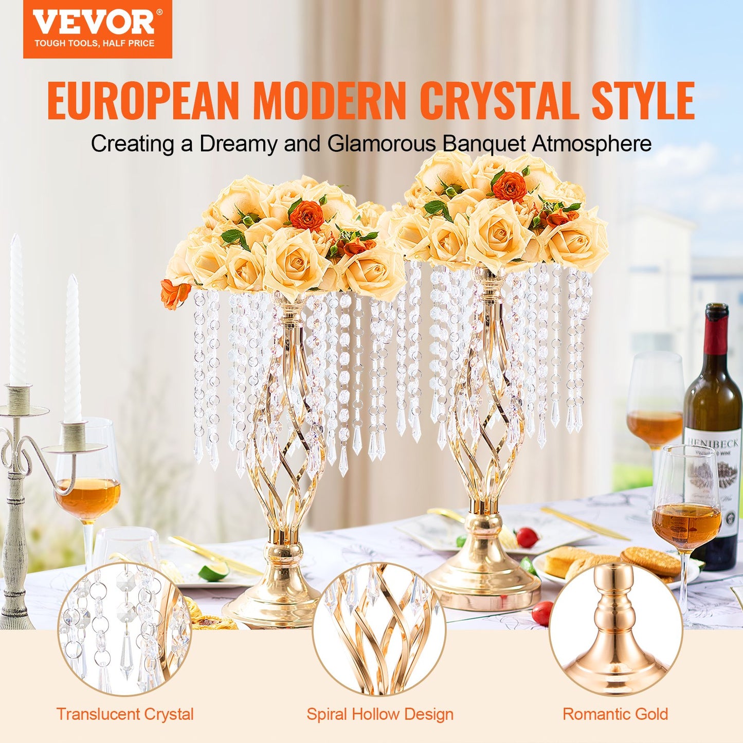 20PCS 43cm/16.9” Tall Crystal Wedding Flower Stand, Metal Wedding Centerpiece Vase, Gold Flower Holders Floral Display Rack for Tables Wedding Dinner Party, Ceremony Birthday Event Decor