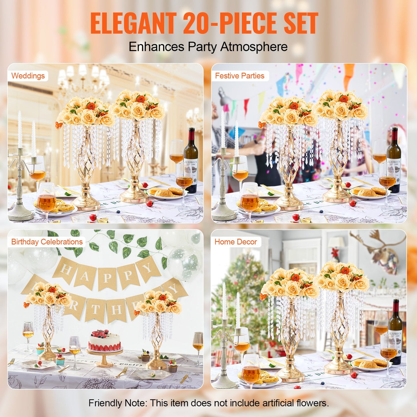 20PCS 43cm/16.9” Tall Crystal Wedding Flower Stand, Metal Wedding Centerpiece Vase, Gold Flower Holders Floral Display Rack for Tables Wedding Dinner Party, Ceremony Birthday Event Decor