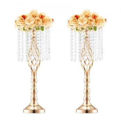 2PCS 55cm/21.65” Tall Crystal Wedding Flower Stand, Metal Wedding Centerpiece Vase, Gold Flower Holders Floral Display Rack for Tables Wedding Dinner Party, Ceremony Birthday Event Decor