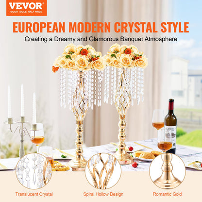 2PCS 55cm/21.65” Tall Crystal Wedding Flower Stand, Metal Wedding Centerpiece Vase, Gold Flower Holders Floral Display Rack for Tables Wedding Dinner Party, Ceremony Birthday Event Decor