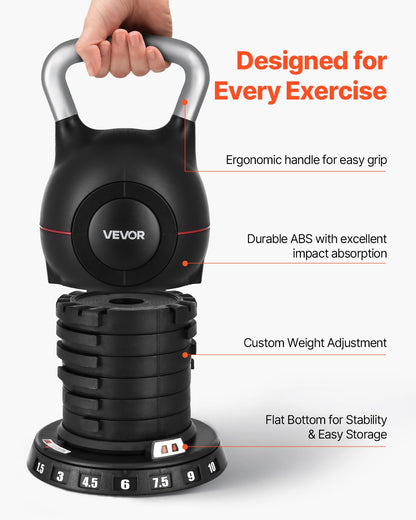 Kettlebell, Adjustable Kettlebell with 7 Weight Levels (1.5, 3, 4.5, 6, 7.5, 9, 10 kg), Die-Cast Aluminum and ABS Material, for Grip Strength Training, Full-body Workout and Cross-Training