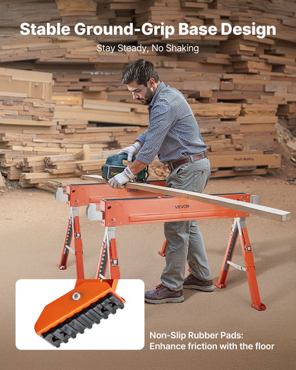 Saw Horses, 2 Pack Folding Work Horses, 816.5 kg Load Capacity Sawhorse with Heavy Duty Legs, Adjustable Height Saw Horse with Non-Slip Foot Pads, for Woodworking, Carpenters and Contractors