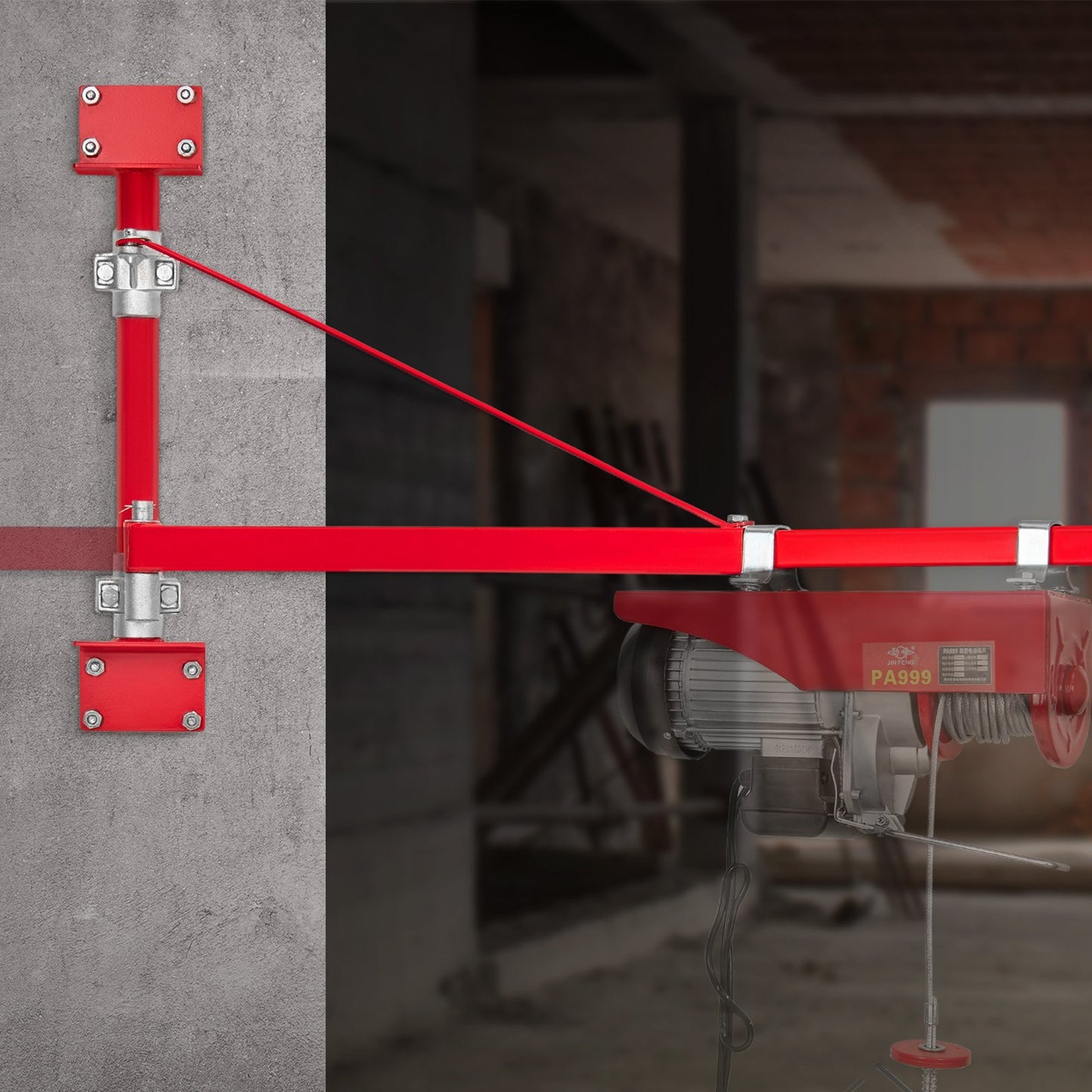 Stödarm för elektrisk lyftanordning, maxlastkapacitet 300 kg, svängarm med stång för elektrisk lyftanordning, lyftram i stål, 180° svängbar lyftarm för ställningslyft, vinschlyftarm för verkstad, garage