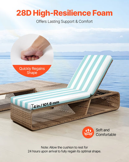 Chaise Lounge Cushion, 203x66x9.8 cm, Set of 2 Outdoor Lounge Chair Cushions, Waterproof & Fade-Resistant Sun Lounger Cushions with Ties, Patio Lounger Pads for Pool Deck, Green & White Stripe