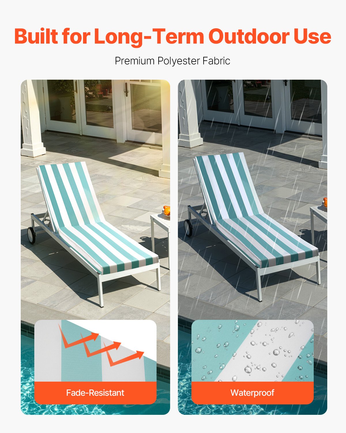 Chaise Lounge Cushion, 203x66x9.8 cm, Set of 2 Outdoor Lounge Chair Cushions, Waterproof & Fade-Resistant Sun Lounger Cushions with Ties, Patio Lounger Pads for Pool Deck, Green & White Stripe