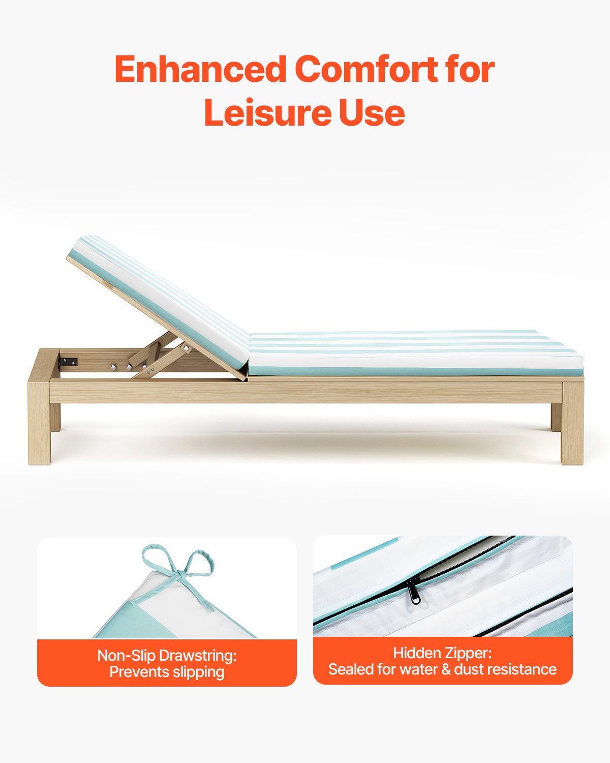 Chaise Lounge Cushion, 203x66x9.8 cm, Set of 2 Outdoor Lounge Chair Cushions, Waterproof & Fade-Resistant Sun Lounger Cushions with Ties, Patio Lounger Pads for Pool Deck, Green & White Stripe