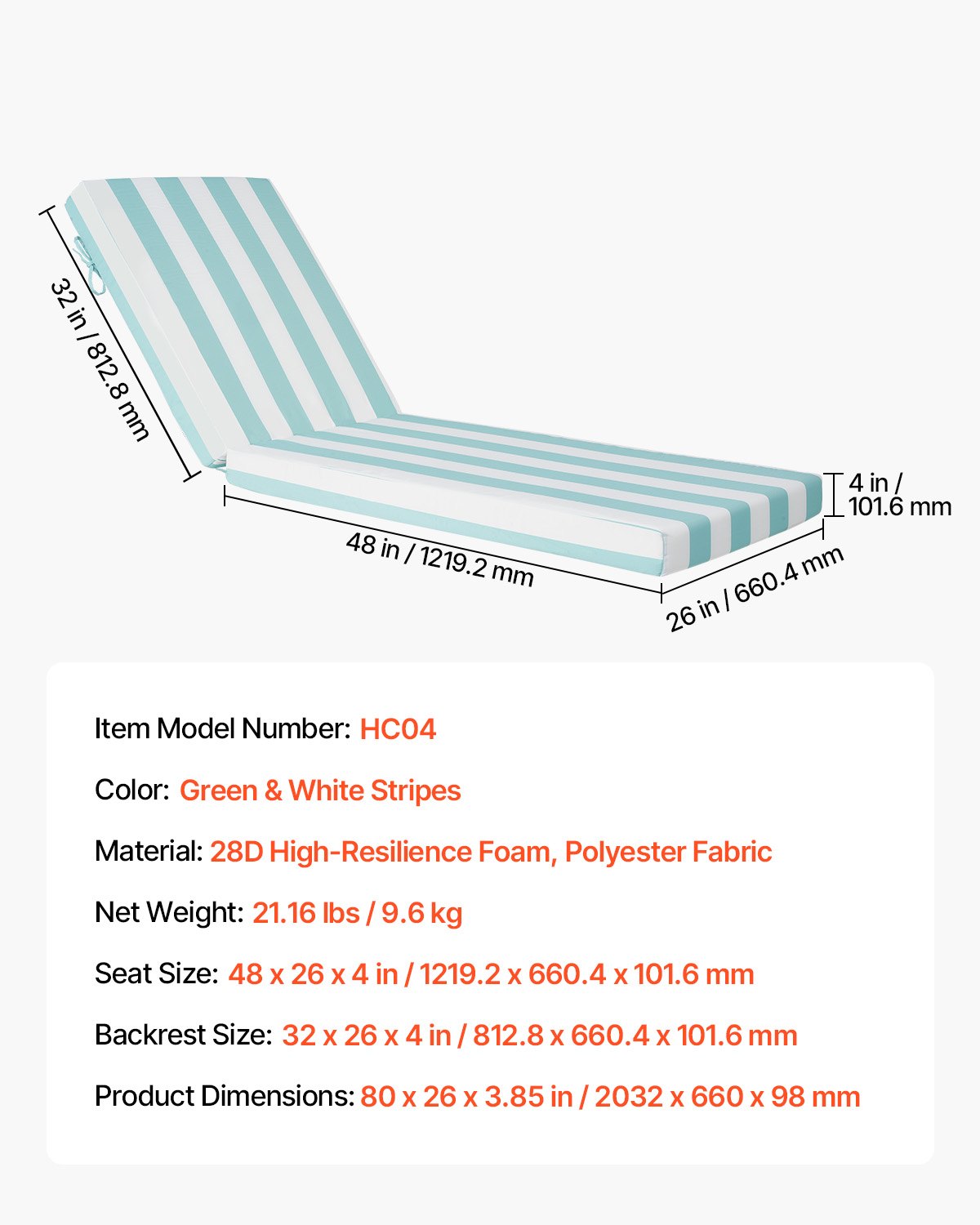 Chaise Lounge Cushion, 203x66x9.8 cm, Set of 2 Outdoor Lounge Chair Cushions, Waterproof & Fade-Resistant Sun Lounger Cushions with Ties, Patio Lounger Pads for Pool Deck, Green & White Stripe