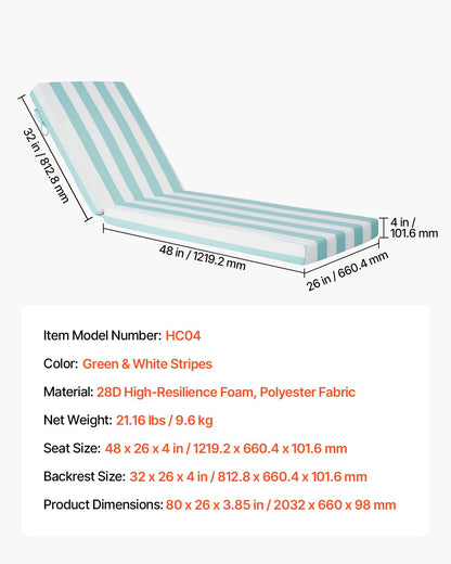 Chaise Lounge Cushion, 203x66x9.8 cm, Set of 2 Outdoor Lounge Chair Cushions, Waterproof & Fade-Resistant Sun Lounger Cushions with Ties, Patio Lounger Pads for Pool Deck, Green & White Stripe