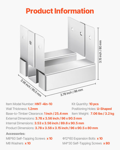 4x4 Post Base 10 Pcs, Inner Size 3.53x3.56inch/89.6x90.5mm Concrete Post Anchor, Heavy-Duty Zinc-Plated Carbon Steel Posts Brackets with 1 Inch Standoff Elevation, for Concrete Pergolas Patios