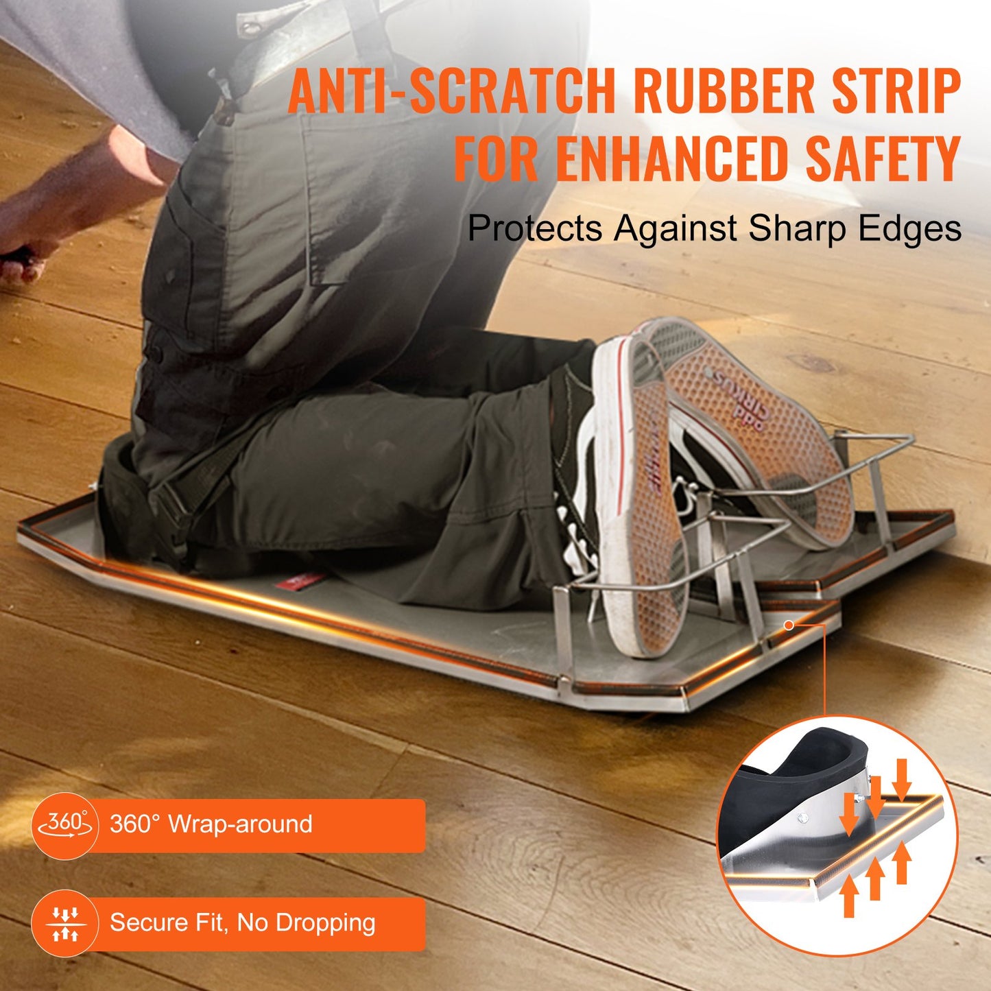 Knäskydd i betong i rostfritt stål, 30'' x 10'' betongglidare, knäskydd för betong, rörliga knäskydd i betong, med knäskydd och remmar för cement- och betongbehandling