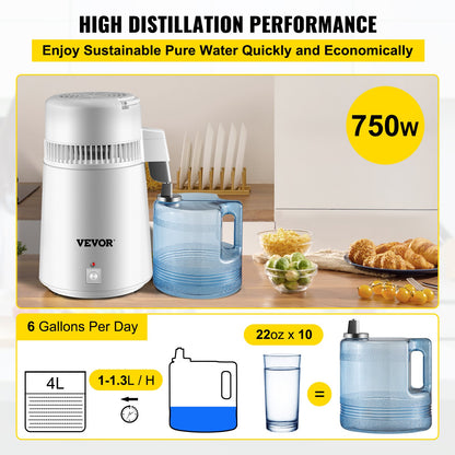 BuoQua Pure Water Distiller 4L Stainless Steel Inner Water Distillation 750W Water Purifier Filter Water Distillers Machine with Collection Bottle for Offices Homes