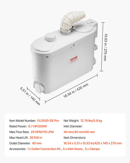 Macerator Pump, 500W, 110 L/min(29 GPM) Flow, 26 ft/8 m Head, Macerator Sewerage Toilet Pump with 4 Water Inlets, Waste Water Disposal Upflush Machine for Kitchen, Basement, Shower, Sink, Laundry, Bathtub