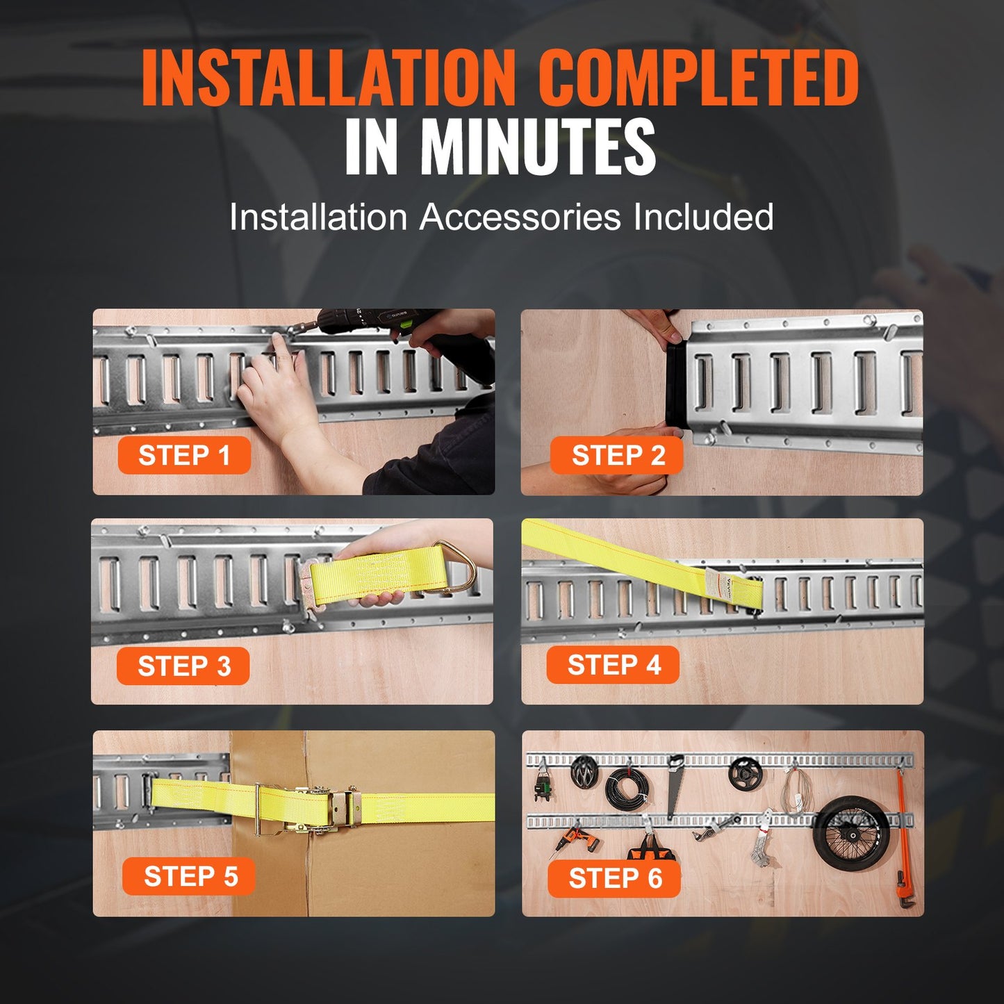 E Track Tie-Down Rail Kit, 24PCS 5' E-Tracks Set Includes 8 Steel Rails & 8 O-Ring Anchors & 8 Tie-Offs with D-Ring, Versatile Securing Accessories for Cargo Motorcycles Bikes, 2000 lbs Load