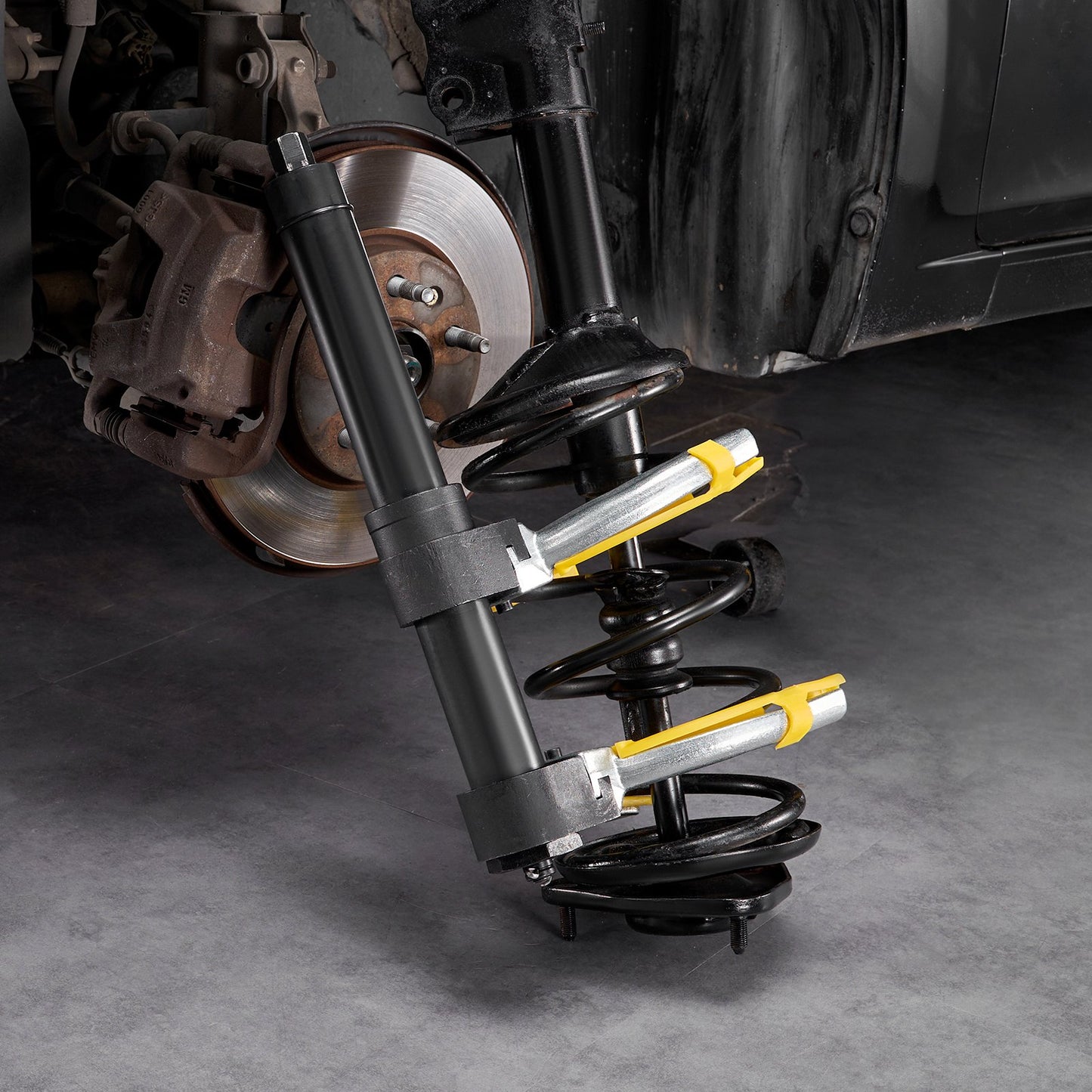 Strut Spring Compressor Set, Macpherson Strut Spring Compressor Kit, Interchangeable Fork Strut Coil Extractor Remover Tool, with Yellow Protective Sleeve and Carrying Case