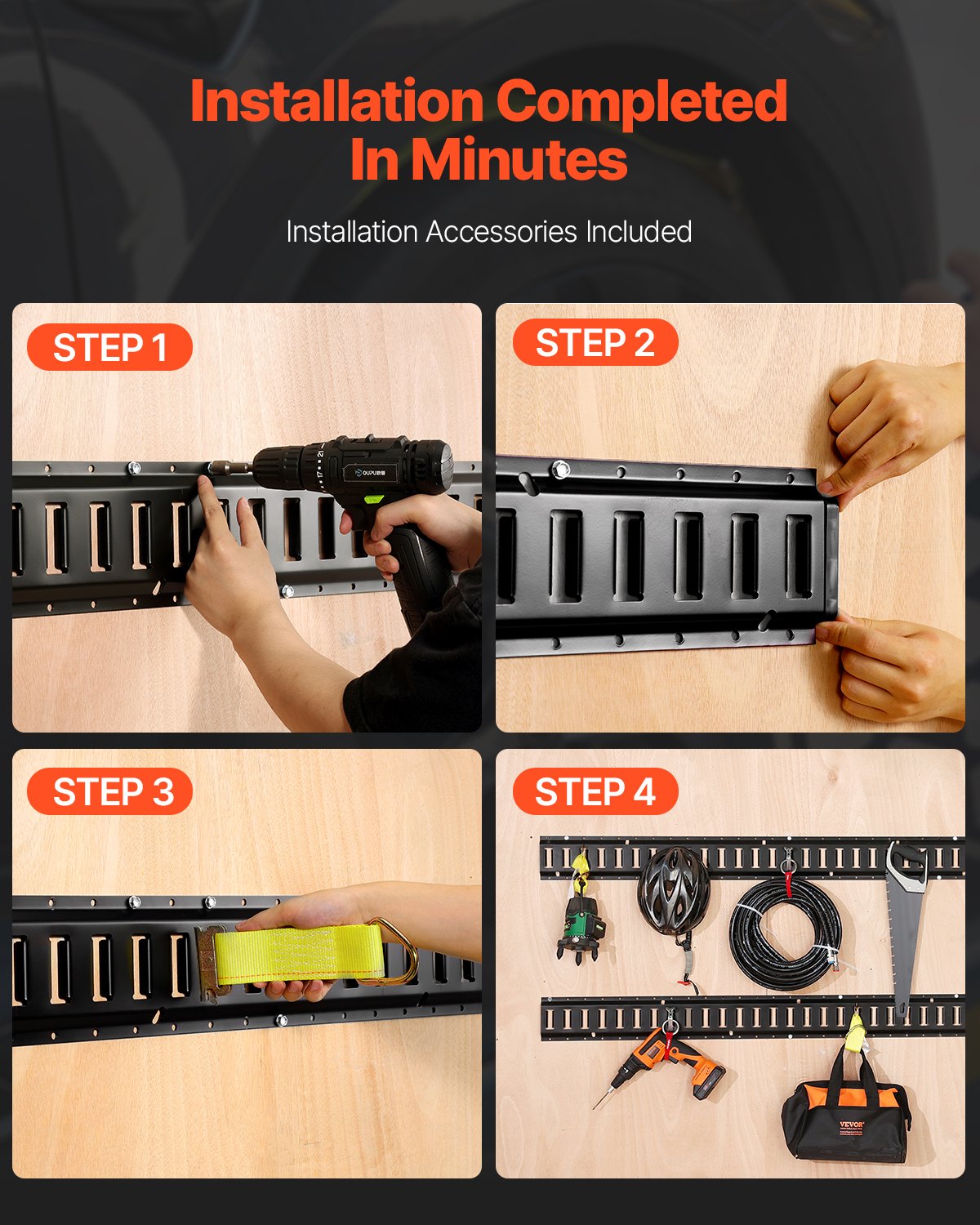 E Track Tie-Down Rail Kit, 30PCS 152.4 cm E-Tracks Set Includes 4 Steel Rails & 2 Single Slot & 8 O Rings & 8 Tie-Offs w/ D-Ring & 8 End Caps, Securing Accessories for Cargo, Motorcycles, and Bikes