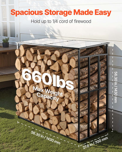 Firewood Rack with Sloped Roof, 143cm Outdoor Firewood Holder, 1/4 Cord Log Storage Shed, 299kg Max Weight Capacity, Powder-Coated Metal Wood Storage Rack for Fireplace Deck Backyard Garden