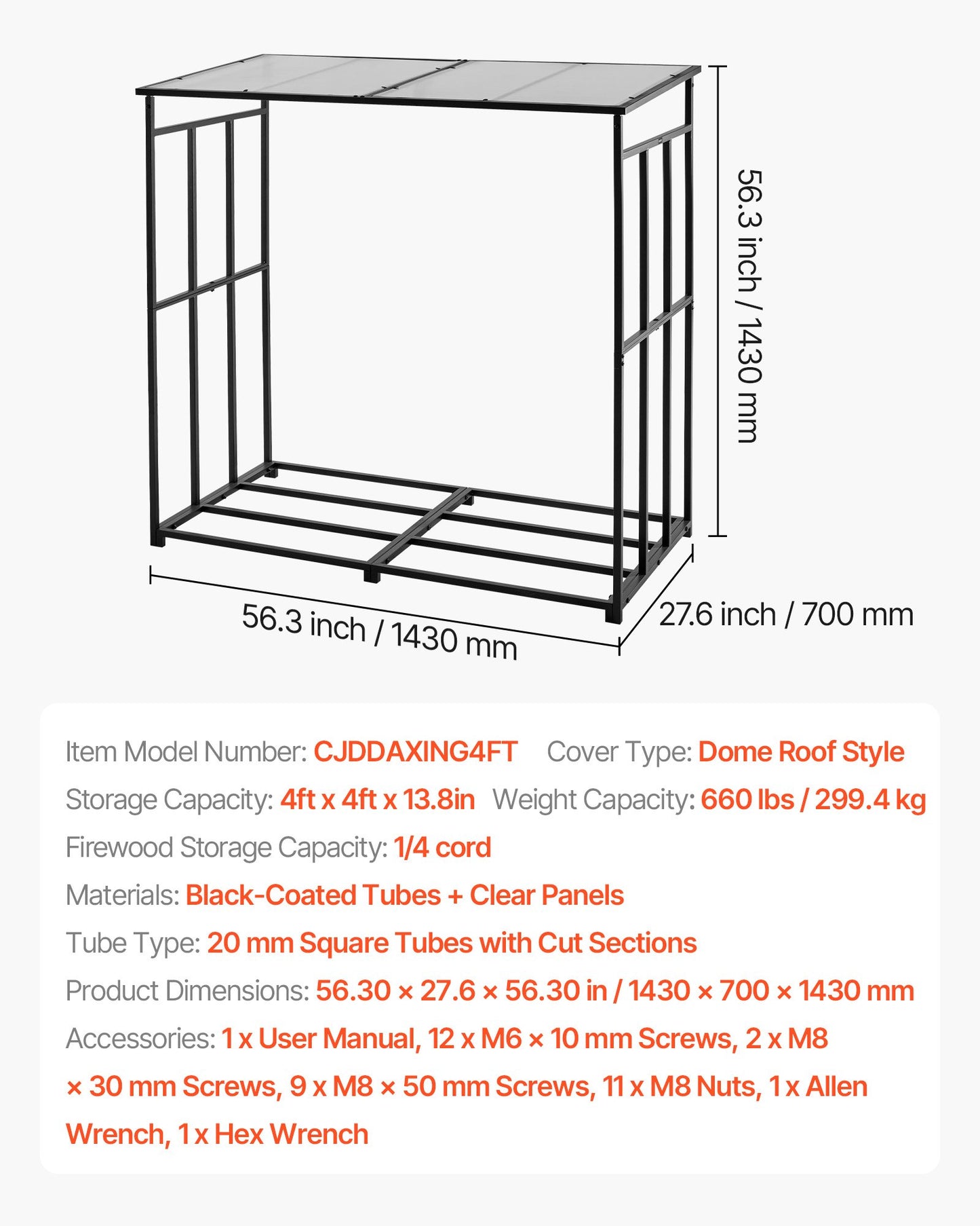 Firewood Rack with Sloped Roof, 143cm Outdoor Firewood Holder, 1/4 Cord Log Storage Shed, 299kg Max Weight Capacity, Powder-Coated Metal Wood Storage Rack for Fireplace Deck Backyard Garden